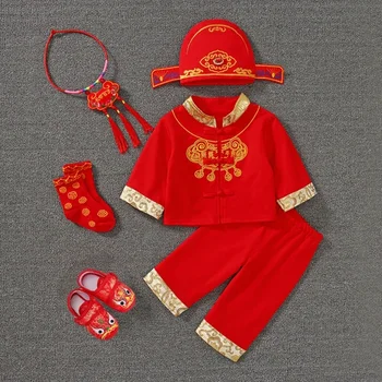 Красный китайский новогодний хлопчатобумажный костюм Тан с вышивкой в виде замка, одежда для ушу, подарки для мальчиков и девочек, детские подарки для вечеринки по случаю Дня рождения, Интернет-магазин, Китай