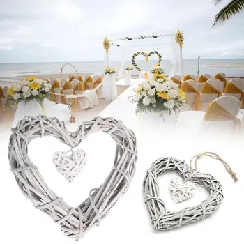 Плетеный венок в виде сердца, искусственные серо-белые венки, подвесные поделки в форме сердца, принадлежности для украшения стен на свадьбу, День рождения