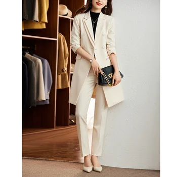 Комплекты брюк, модное двубортное длинное пальто с вырезами, высококачественное офисное вечернее платье для леди, Элегантные женские комплекты Slim Fit