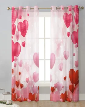 Иллюстрация на воздушном шаре ко Дню Святого Валентина, тюлевые занавески, Прозрачные окна в гостиной, Вуалевые шторы с люверсами