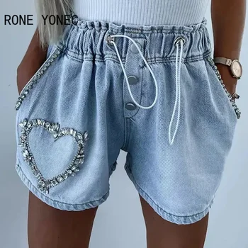 2023 Женские повседневные джинсовые шорты с рисунком в виде сердца, украшенные стразами, эластичный пояс, карман на пуговицах, шнуровка