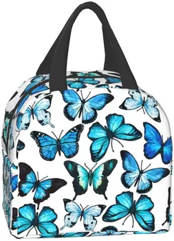 Изолированная сумка для ланча с голубой бабочкой, многоразовый ланч-бокс, водонепроницаемая женская сумка для ланча для работы в офисе, школы, пикника, пляжа