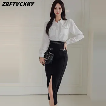 Весенний женский юбочный комплект 2024 года, Корейские элегантные рубашки с длинным рукавом + юбка-карандаш миди с высокой талией, женский офисный повседневный комплект из двух предметов