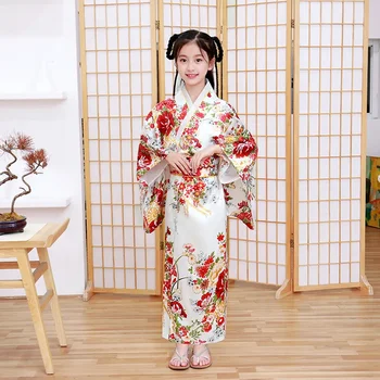 120-150 см, Японское Традиционное платье-кимоно для девочек, Цветочная купальная Юката с бантом Obi, Роскошная одежда для выступлений