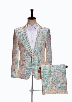 Мужской облегающий комплект с блестками цвета шампанского, костюм для выступления на сцене, ведущий, ведущий шоу на подиуме (куртка и брюки)