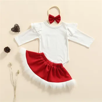 Комплект рождественской одежды для маленькой девочки, Белое боди, ползунки, Красная мини-юбка, повязка на голову 0-24 м, праздничный костюм для новорожденных малышей 2021