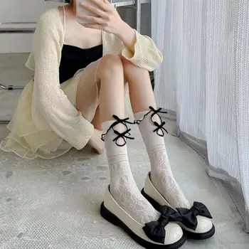 Летние милые носки из телячьей кожи с модной вышивкой, тонкие хлопковые чулочно-носочные изделия в цветочек, средняя трубка, носки в корейском стиле, носки с бантом для девочек