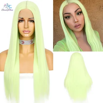 Парики из синтетических кружев BeautyTown для женщин, длинные прямые волосы из термостойкого волокна, средняя Т-образная часть, парик зеленого цвета для повседневного использования
