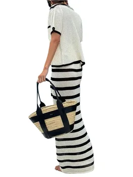 Женская Полосатая Макси-юбка Контрастного цвета, связанная Крючком, с Эластичной высокой талией - Стильная Вязаная Длинная юбка для пляжной одежды
