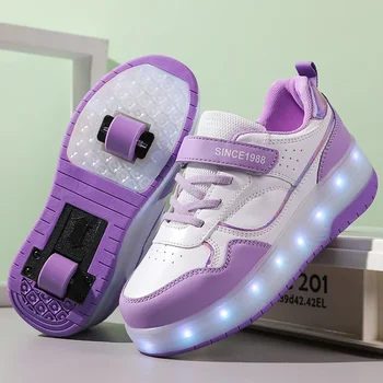 Обувь для роликовых коньков, подарок для мальчиков и девочек, детские кроссовки на 2 колесах, Модные Спортивные Повседневные Детские Женские ботинки с подсветкой, брендовые ботинки