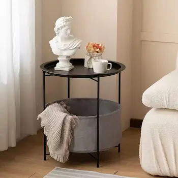 Простой двухслойный журнальный столик в скандинавском стиле, круглый мини-диван, приставной столик, Столик для хранения, Прикроватный столик с металлическим каркасом.