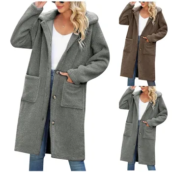 Женское длинное однобортное пальто с карманом на лацкане, осенне-зимнее пальто из цельного плюша, модное индивидуальное пальто свободного кроя с капюшоном