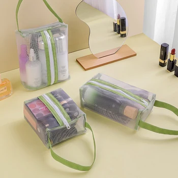 Прозрачная сетчатая косметичка на молнии, дорожная сумка, портативная сумка для мытья макияжа в ванной, модные бытовые сетчатые сумки для хранения на молнии