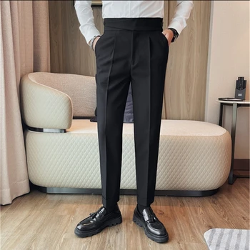 Брендовые мужские костюмные брюки с высокой талией, однотонные повседневные деловые брюки, приталенный крой, свадебные вечерние офисные социальные брюки