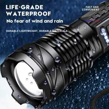 Мощный светодиодный фонарик XHP50 Водонепроницаемый 18650 С боковым освещением, 7 режимов, Фонарь для кемпинга, рыбалки, USB-аккумуляторная лампа с зумом