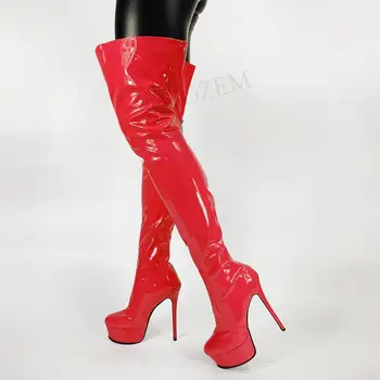 Женские ботфорты выше колена DOBANER, лакированные ботинки на платформе, высокие до бедра, с круглым носком, вечерние клубные туфли, женские Dragqueen, большие размеры 41 42 44 45