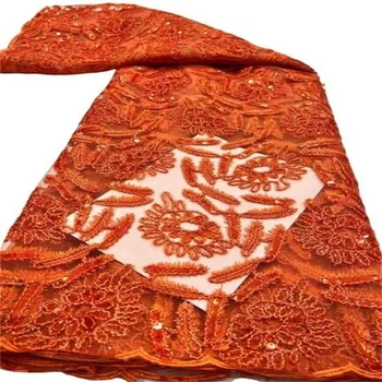 Оранжевая Роскошная Африканская кружевная ткань ручной работы 5 Ярдов Белой высококачественной вышивки блестками Нигерийское Свадебное кружево Asoebi