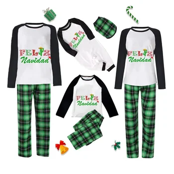 Одинаковые Рождественские семейные пижамы эксклюзивного дизайна с красочным рисунком Feliz Navidad, пижамный комплект с зелеными пледами