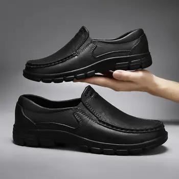 Мужская обувь, кожаная обувь, осенняя обувь для мальчиков, мягкая подошва, деловая официальная одежда, Студенческая Черная рабочая одежда с круглым носком в британском стиле с низким верхом, M