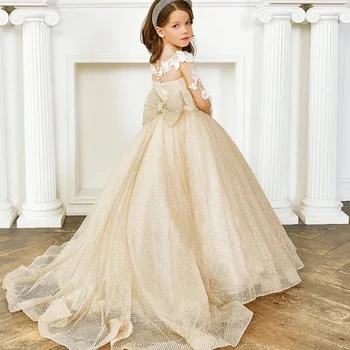 Роскошное свадебное платье для девочки в цветочек с шампанским, пышные рукава, пышный тюль, детский день рождения, бальное платье для Первого причастия