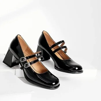 Обувь Mary Jane 2024, модные тонкие туфли с квадратным носком на высоком каблуке и пряжкой, дизайнерские женские вечерние туфли