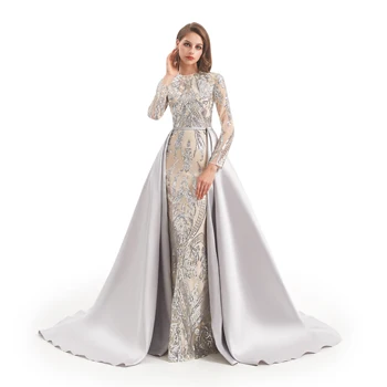 Серебристо-серые Мусульманские вечерние платья со съемным шлейфом 2023, платье для выпускного вечера с блестками Gillter, окрашенное пайетками.
