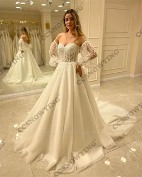 Кружевные аппликации, Свадебное платье в виде сердечка с длинным рукавом для невесты, свадебные платья с открытыми плечами, женское Арабское свадебное платье