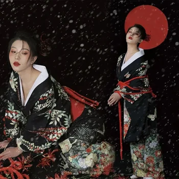 Женское Японское Традиционное Кимоно Юката с Белым Принтом Оби Юката Хаори Косплей Сценический Костюм Винтажная Азиатская Одежда