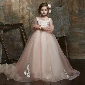 Платье для девочки в цветочек Розовый Пушистый тюль Белое кружево 3D Аппликация Свадебное Элегантное платье в цветочек для первого Евхаристического дня рождения ребенка Праздничное платье