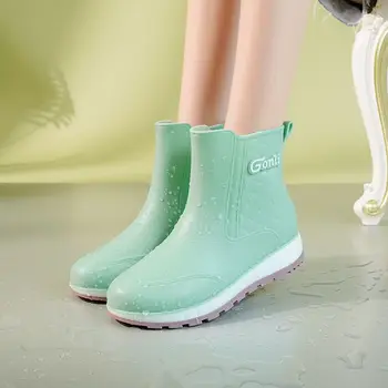Зеленые непромокаемые ботинки ярких цветов, женские водонепроницаемые резиновые меховые туфли, женские галоши, женские непромокаемые ботинки, женские уютные дождевики, плюшевые сапоги