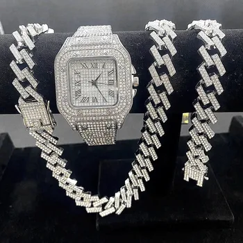 3ШТ Обледеневшие Часы для Мужчин Золотые Часы Кварцевые 15 мм Кубинские Звенья Цепи Браслет + Ожерелья Ювелирные Изделия С Бриллиантами Мужские Часы Man Reloj
