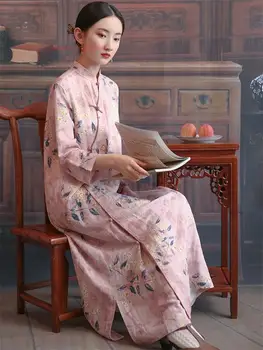 2024 cheongsam женское винтажное ципао китайское хлопчатобумажное льняное платье ципао с цветочным принтом этническое ципао китайское длинное платье восточное ципао