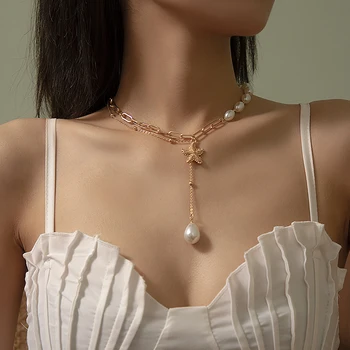 Цепочка из бусин из искусственного жемчуга с подвесками в виде морских звезд, ожерелье для женщин, длинные цепочки с кисточками, ожерелья 2023, модные украшения на шею