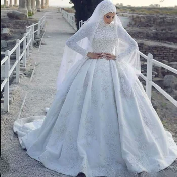 Мусульманские Свадебные Платья С Длинными Рукавами Из Атласа С Кружевной Аппликацией Исламские Свадебные Платья На Заказ
