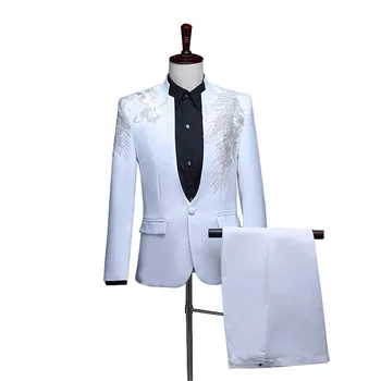 2023 Мужские костюмы с аппликацией из двух частей с воротником-стойкой, белые костюмы для выпускного вечера, свадебной церемонии награждения, Синий, красный, фиолетовый жакет