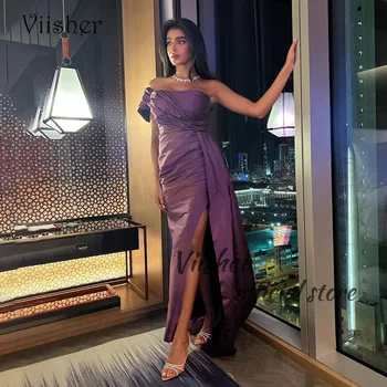 Фиолетовые вечерние платья Русалки на одно плечо с разрезами, Атласное облегающее вечернее платье Арабского Дубая со шлейфом