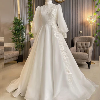Стильные свадебные платья для невесты из Хиджаба, высокий воротник, длинный пышный рукав, шлейф, аппликации, бусины, мусульманские свадебные платья