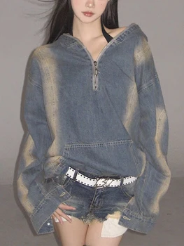 Толстовки Оверсайз, женские винтажные выстиранные джинсовые топы, женские модные толстовки с капюшоном в стиле харадзюку, женские пальто на молнии в стиле ретро с Хай-стрит