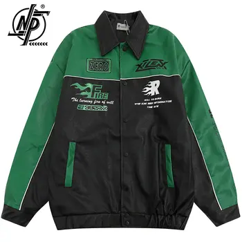 Куртка из искусственной кожи с буквенным принтом, мужская Весенняя Уличная Мотоциклетная зеленая куртка в стиле Пэчворк, Повседневная Верхняя одежда со Свободными лацканами, Унисекс 2023