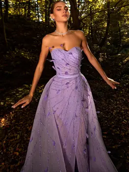 Сиреневый Милый Кристалл Бисероплетение Вечернее платье с высоким разрезом Дубай Русалка Съемный шлейф 3D Цветы Официальная одежда для вечеринок Платье