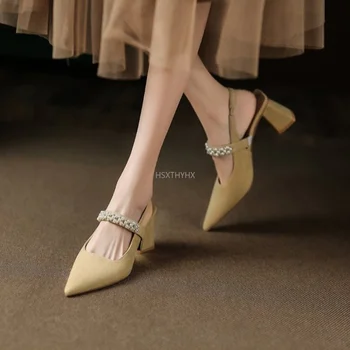 2023 г. Новые женские весенне-осенние французские туфли Baotou с острым носком, простые универсальные модные туфли на толстом каблуке с жемчугом
