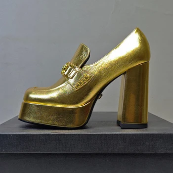 Женские летние туфли на высоком каблуке с уникальным металлическим украшением, женские туфли-лодочки для банкета, материал из натуральной кожи, Тонкие туфли на платформе