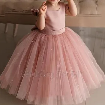 Дешевое платье принцессы с розовым жемчугом, пышные платья для девочек с цветочным узором чайной длины, Детские платья для Первого Причастия, свадебной вечеринки
