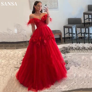 Великолепное Бальное платье Sansa с Перьями на Плече, Яркое Красное Бальное Платье Vestidos De Noche, Винно-красный 3D Цветок На Хвосте, Платье для Выпускного вечера