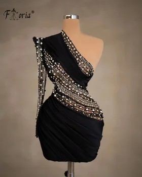 Черное короткое платье Arabia на одно плечо для выпускного вечера, сшитое на заказ, расшитое жемчугом, мини-коктейльные платья с длинными рукавами, расшитые бисером, Плиссированные Роскошные халаты