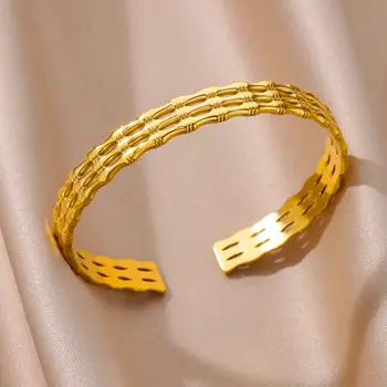 Браслеты из нержавеющей стали для женщин, мужчин, Золотого цвета, открытый бамбуковый браслет-манжета, женские наручные украшения, тренд 2023, бесплатная доставка