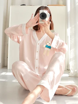 Пижама из чистого хлопка, женская весенне-осенняя одежда Bear 2023, новая домашняя одежда из тонкого шелка с V-образным вырезом и длинным рукавом высокого класса
