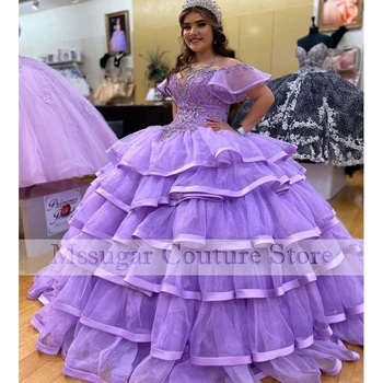2022 Фиолетовые платья Vestidos Quinceanera с аппликацией из бисера в виде сердца, Бальное платье, Вечерние Халаты