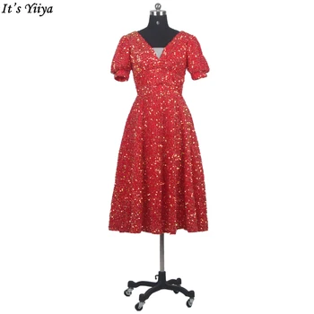 Это Красное Вечернее платье Yiiya С V-образным вырезом, Блестками, Короткими рукавами Длиной до колен, Застежкой-молнией сзади, Трапециевидной формы, Плюс размер, Женское Вечернее платье A2540