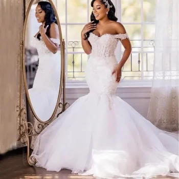 Сшитые на заказ свадебные платья Африканской белой русалки для женщин, роскошные свадебные платья с открытыми плечами, бусы, кружева для невесты, свадебные платья Vestido De Novia
